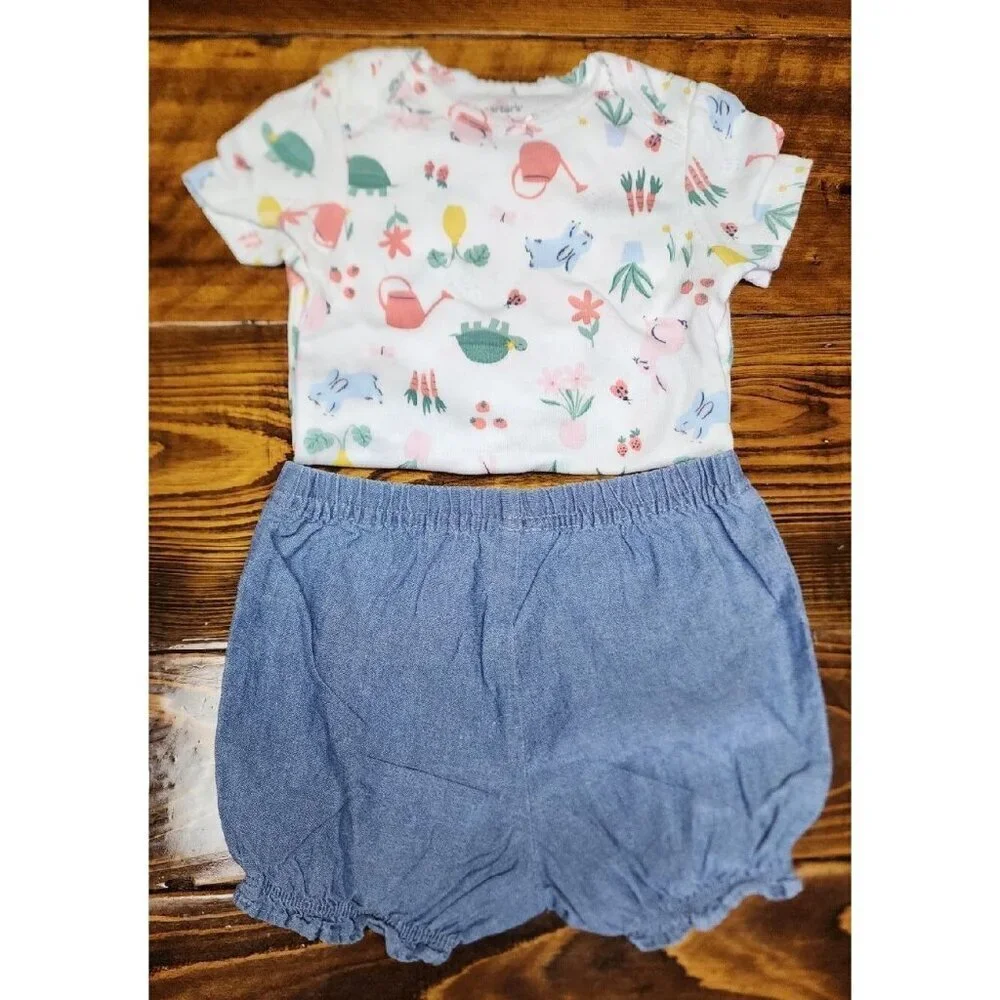 CUTE CARTERS 3-PIECE SHORTS SET - FLORAL AND BUNNY - BABY GIRL SIZE 12 MONTHS